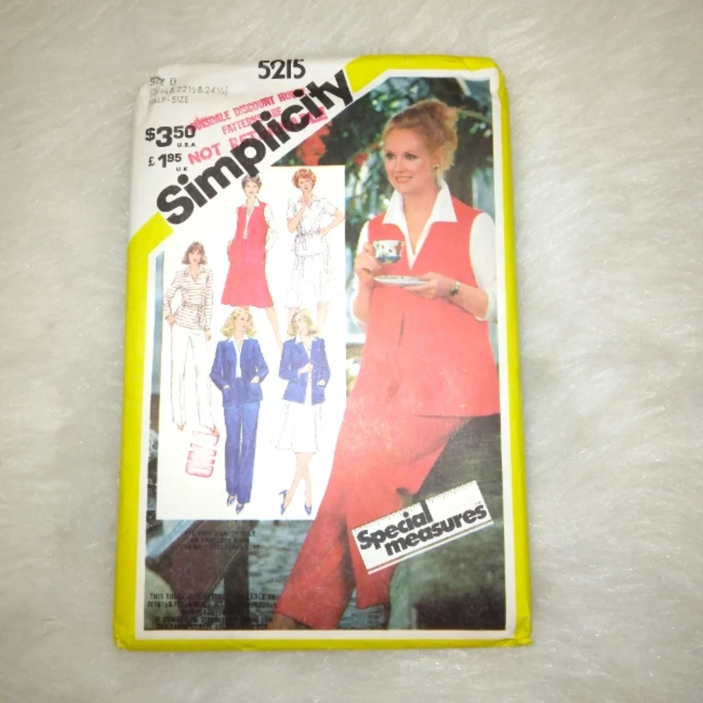 VINTAGE SIMPLICITY 5215 Sz 20.5, 22.5, 24.5 Unlined jacket vest top pants